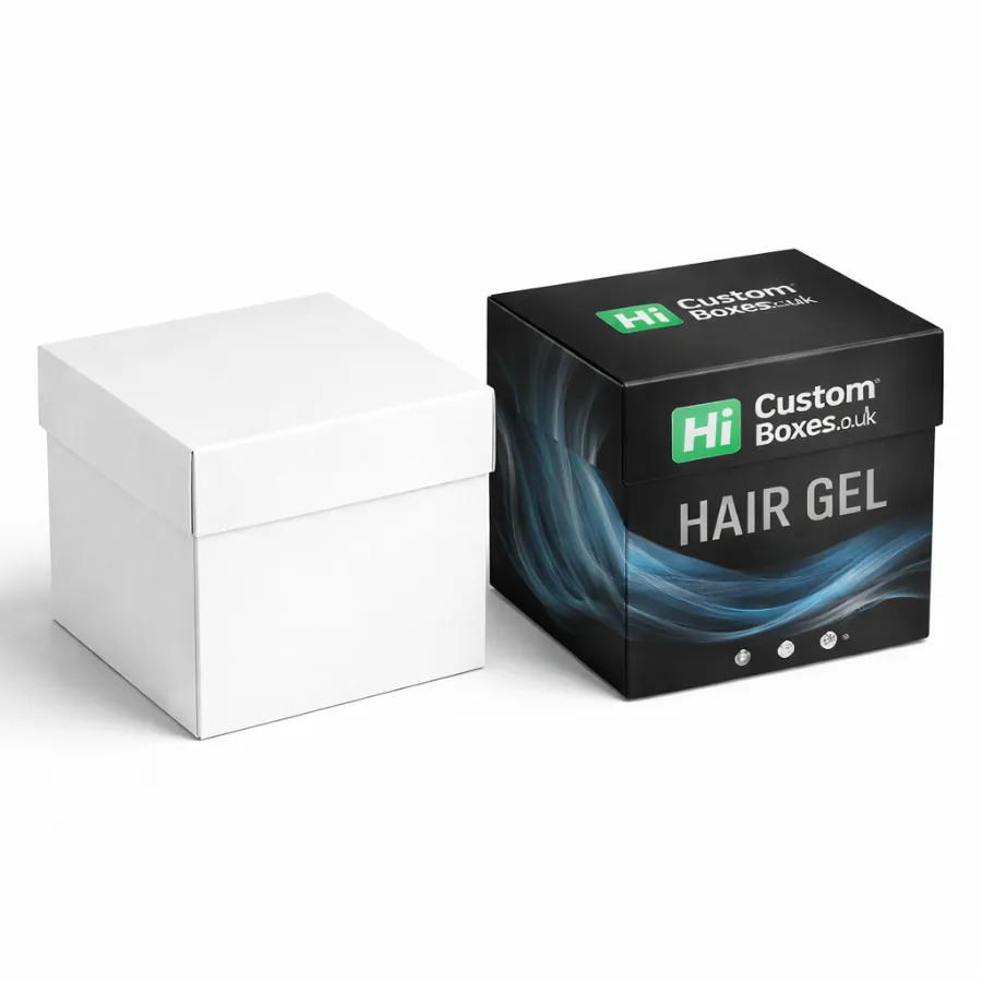 A minimalist white square box next to a branded black square box for hair gel- class=